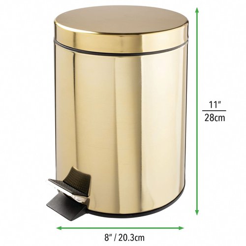 mDesign Metal Steel/Plastic Toilet Bowl Brush/Holder and Round 1.3 Gallon/5L Step Trash Can Combo Set for Bathroom; Holds Trash, Recycling, Deep Cleaning, Mirri Collection, Brass