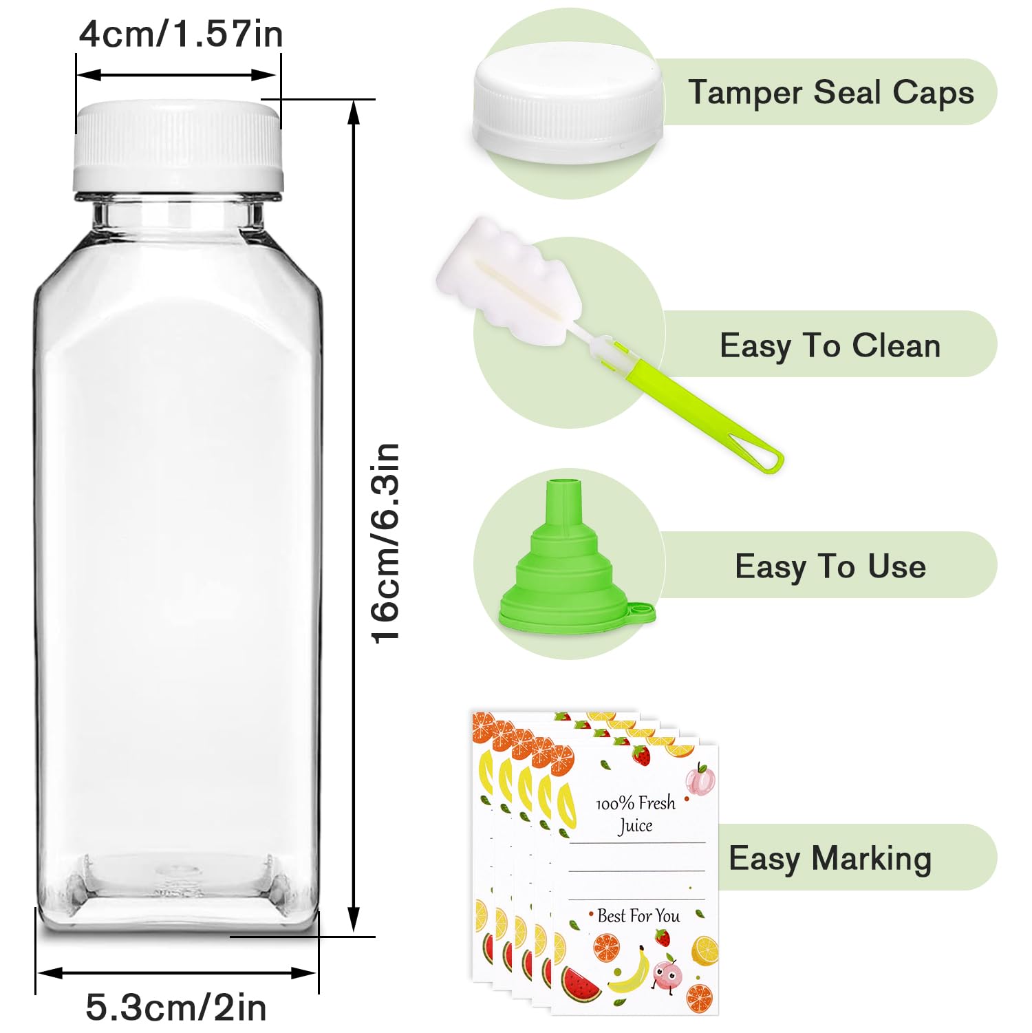 Plastic Juice Bottles with Caps 6 pcs - 12oz Reusable Juice Containers with Tamper Proof Lids White - Clear Juicing Bottles for Juicing Milk Smoothie Drinking and Other Beverages Christmas Gifts