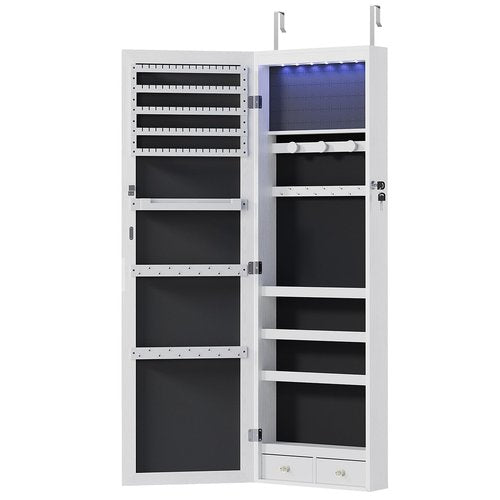 Elevon 6 LEDs Jewelry Cabinet Organizer, 47.2-inch Jewelry Armoire with Full-Length Mirror, Wall or Door Mounted Jewelry Storage, Lockable Large Capacity Storage, White