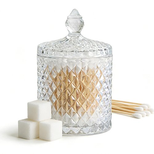 Clear Glass Jar with Lid – Qtip Holder, Cotton Ball Storage for Bathroom & Vanity, Crystal Glass, Candy Jar, Sugar Cube Storage for Kitchen Organizer, Home Decorative, Wedding Gift, Holiday Present