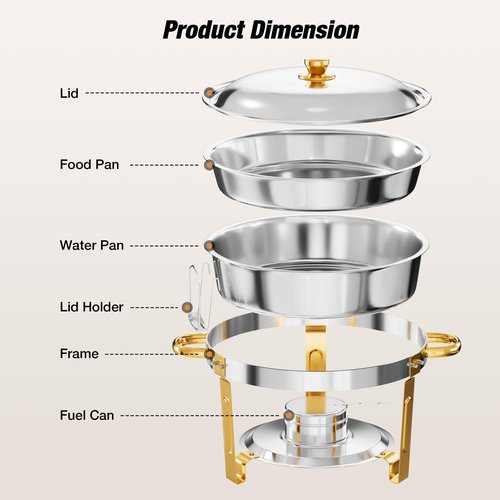 WARMOUNTS Round Chafing Dishes for Buffet 4 Pack, 5QT Gold Stainless Steel Chafers and Buffet Warmers Sets with Lid Holder, Rolled Rim Process, Stackable Design, for Catering, Parties, Weddings