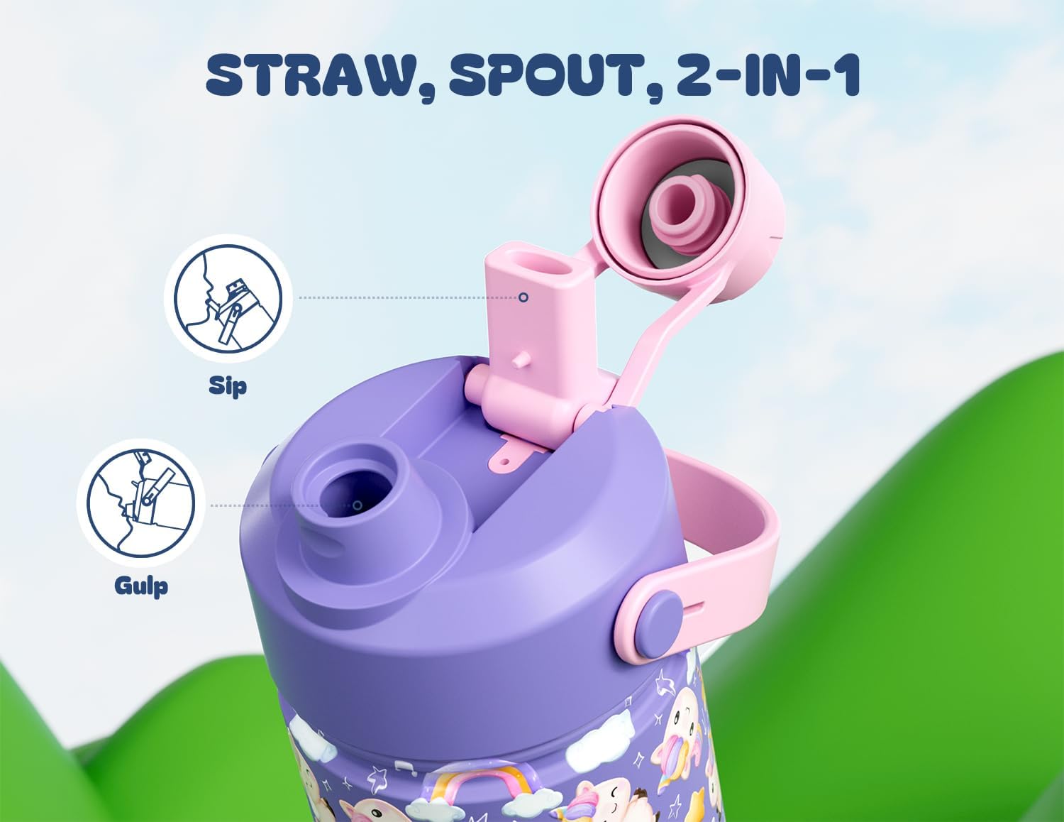 Skiennix 12 Oz Insulated Water Bottle for Kids - 2-in-1 Straw Spout Lid, Spill-Proof, BPA-Free, Cute Unicorn Design
