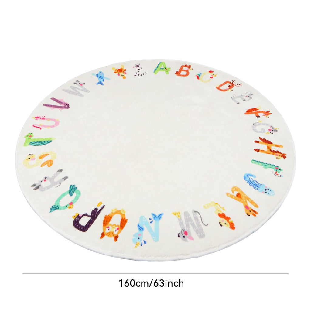 5.2ft Round ABC Animal Kids Rug, Washable Non-Slip Educational Alphabet Play Mat, Cute Carpet for &, Bedroom Classroom(for Age 2+,White)