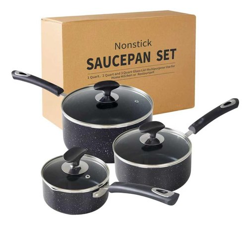 HooJay Nonstick Saucepan with Lid, Non Stick 1Qt & 2Qt & 3Qt Sauce Pan Set with Silicone Handle,Small Milk Pot with Glass Lid for Home Kitchen