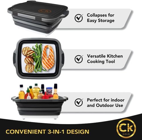 CK GOLD Collapsible BBQ Prep Tub - Includes Cutting Board, LOCKING Lid & Strong Drain Hole for Meal Prep & Marinating | BPA-Free, Food-Grade BBQ & Meat Prep Tubs, Best Grilling Gifts (Black, 8 L)