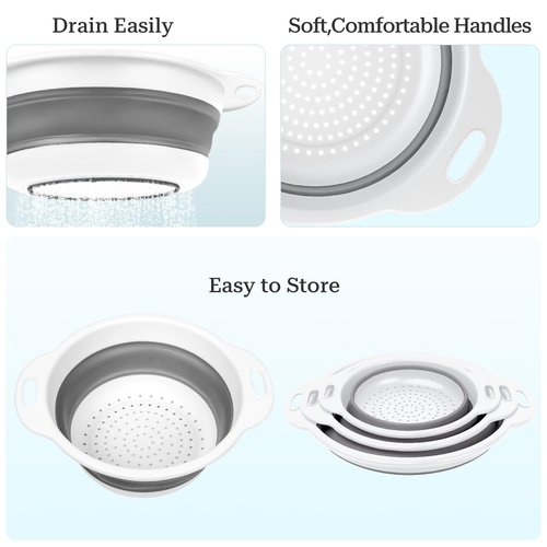 Cluren Collapsible Colander 3-Pack Set Space-Saving Foldable Kitchen Strainer with Non-Slip Base Durable Thickened PP+TPE Collapsible Strainers for Pasta, Vegetables, Fruits (Gray-White)
