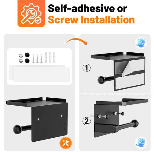 Matte Black Toilet Paper Holder with Shelf, Wall Mount, Heavy Duty Metal, Fits Double Rolls, No-Drill Adhesive or Screw Mount for Bathroom, Kitchen, RV