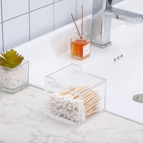 Qtip Holder Acrylic Container for Cotton Swab, Cotton Pads, Floss Picks - Restroom Containers Bathroom Essentials Accessories Decor Vanity Storage Organizer, 3.3'' x 3.2'' x 2.75''