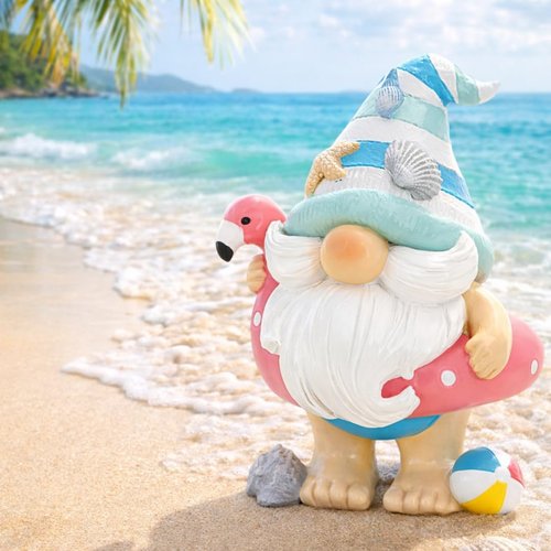 Hodao Coastal Ocean Gnome Decorations - Hand-Painted Beach Gnome Figurine with Flamingo Float & Seashell Hat