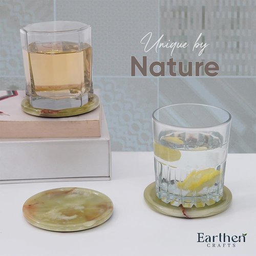 Earthen Crafts Marble Coasters Set of 6 for Drinks 3.5" Green Onyx Round Stone Drink Coaster with Holder & Lid for Table Countertop, Kitchen Counter & Coffee Table Decor