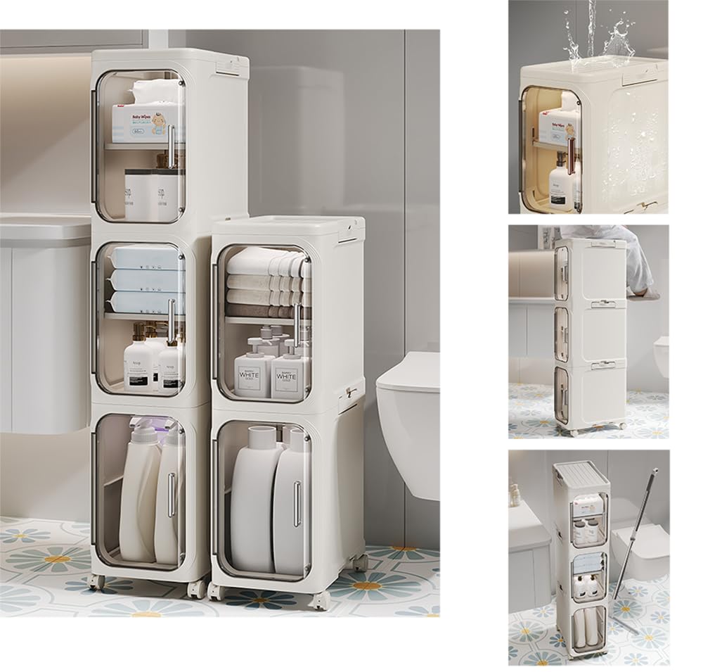 5-Tier Narrow Storage Cabinet: Slim Plastic Storage Organizer with Doors and Adjustable Shelves, Movable Waterproof Floor Cabinet for Small Spaces, Ideal for Bathroom, Kitchen, Laundry, Office.