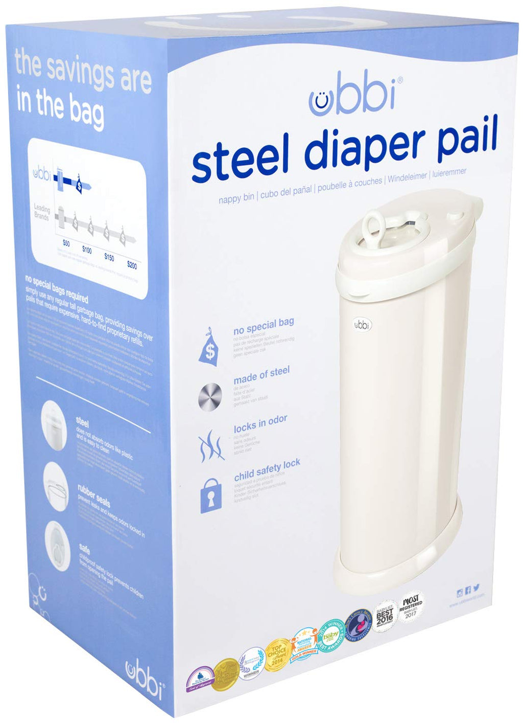 Ubbi Steel Diaper Pail, Odor Locking, No Special Bag Required, Award-Winning, Registry Must-Have, Ivory