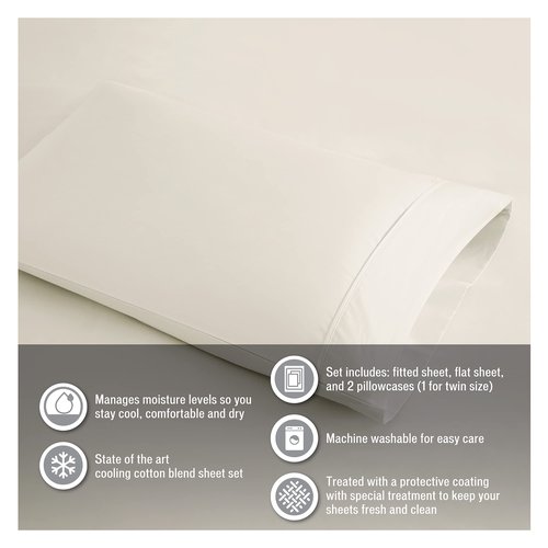Madison Park 600 TC Cooling Cotton Blend Solid Sheet 16 Inch Deep Pocket, All Season, Soft Bedding-Set, Matching Pillow Case, Queen, White 4 Piece.