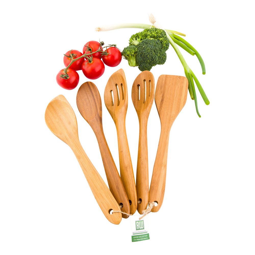 Restaurantware 12 Inch Bamboo Utensils For Cooking 1 Bamboo Utensil Set - Includes 5 Utensils No Stick Bamboo Wood Kitchen Utensils For Cooking Stirring Or Mixing