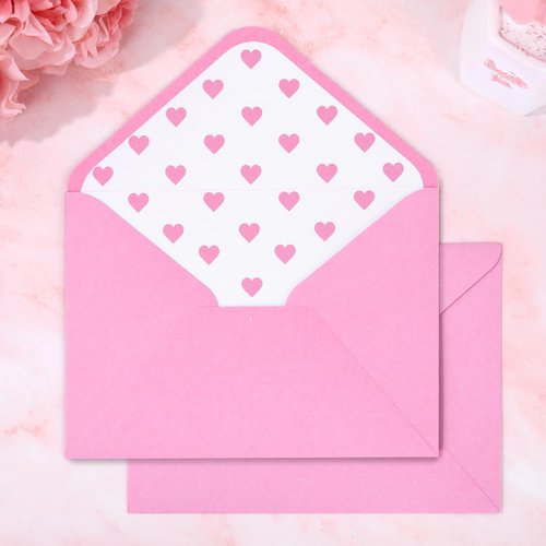 Whaline 50 Pcs Valentine's Day Invitation Envelopes Greeting Card Holders Pink Heart V-Flap Envelopes Card Sleeves with Stickers for Wedding Mother's Day Baby Shower, 5.3 x 7.3 Inch