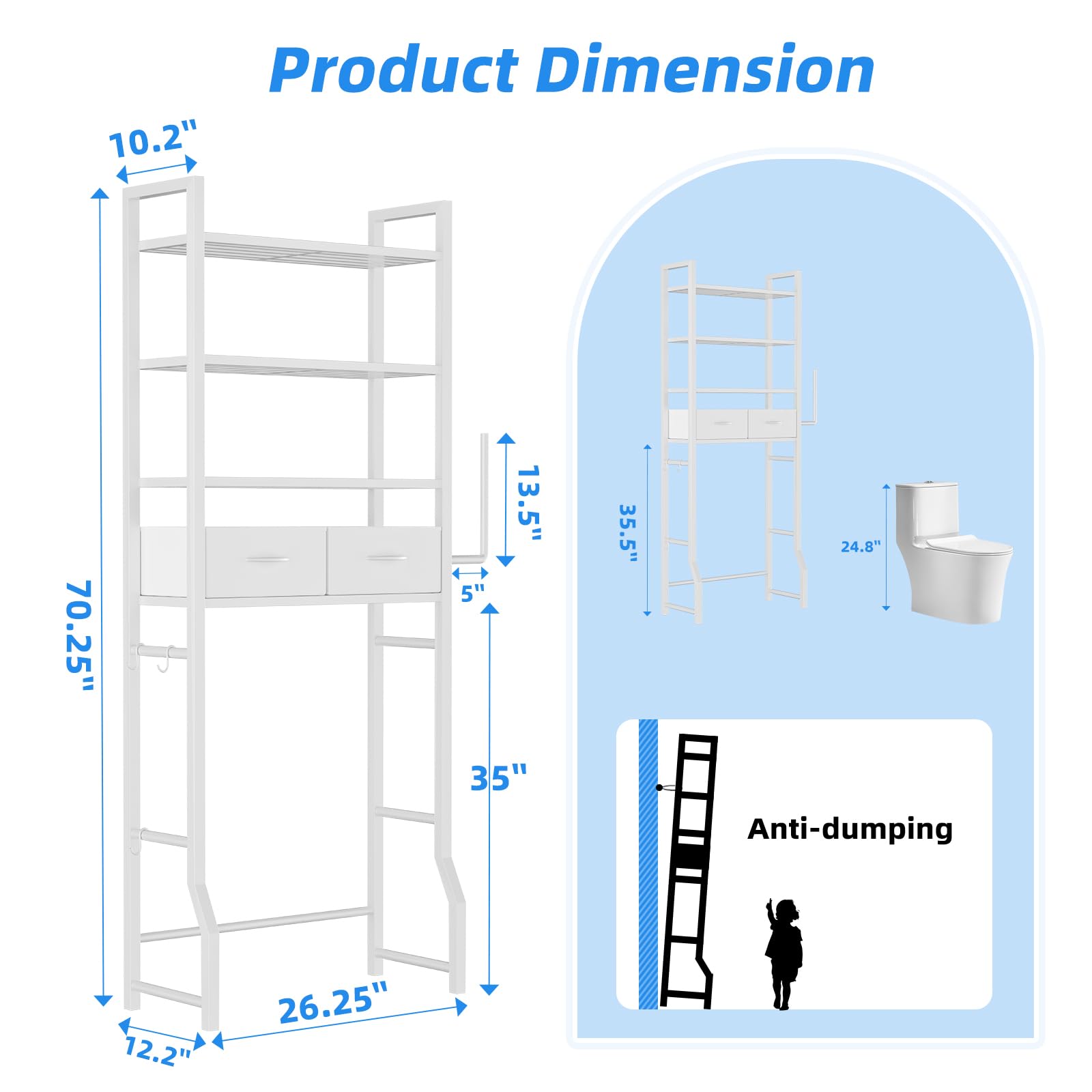 Simple Trending 4 Tier Over The Toilet Storage with Drawers, Heavy Duty Bathroom Stand Organizer Metal Shelves for Laundry, White