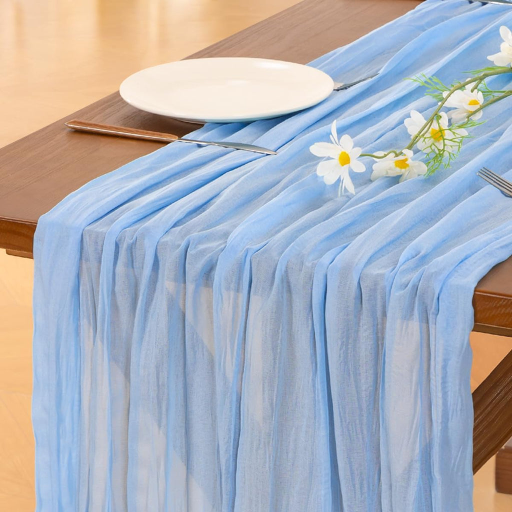 Socomi Cheesecloth Table Runner - Light Blue Boho Rustic Design | 10FT for Weddings & Events