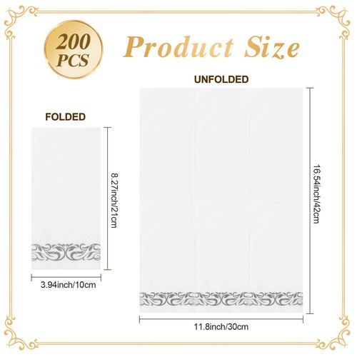Goodluck 200-Pack Linen-Feel Disposable Guest Towels – Soft and Absorbent Paper Hand Towels for Bathroom or Kitchen – Elegant White Napkins with Silver Design for Parties, Weddings, Dinners Events