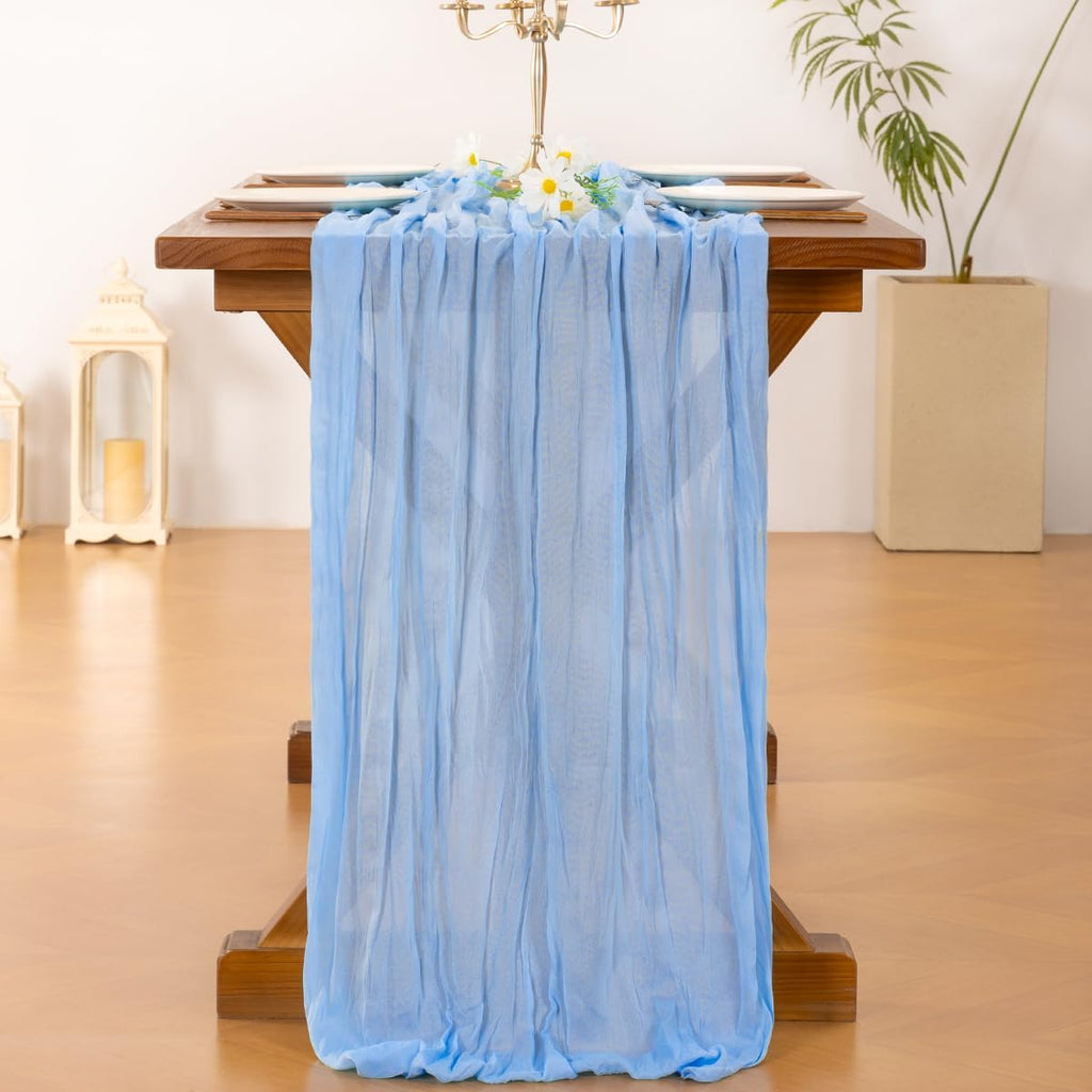 Socomi Cheesecloth Table Runner - Light Blue Boho Rustic Design | 10FT for Weddings & Events