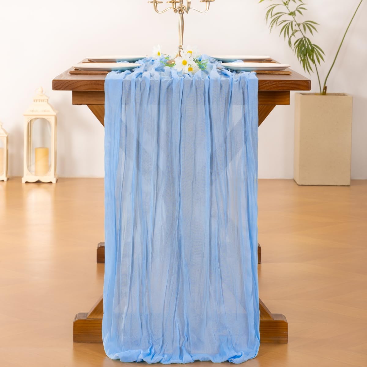 Socomi Cheesecloth Table Runner - Light Blue Boho Rustic Design | 10FT for Weddings & Events