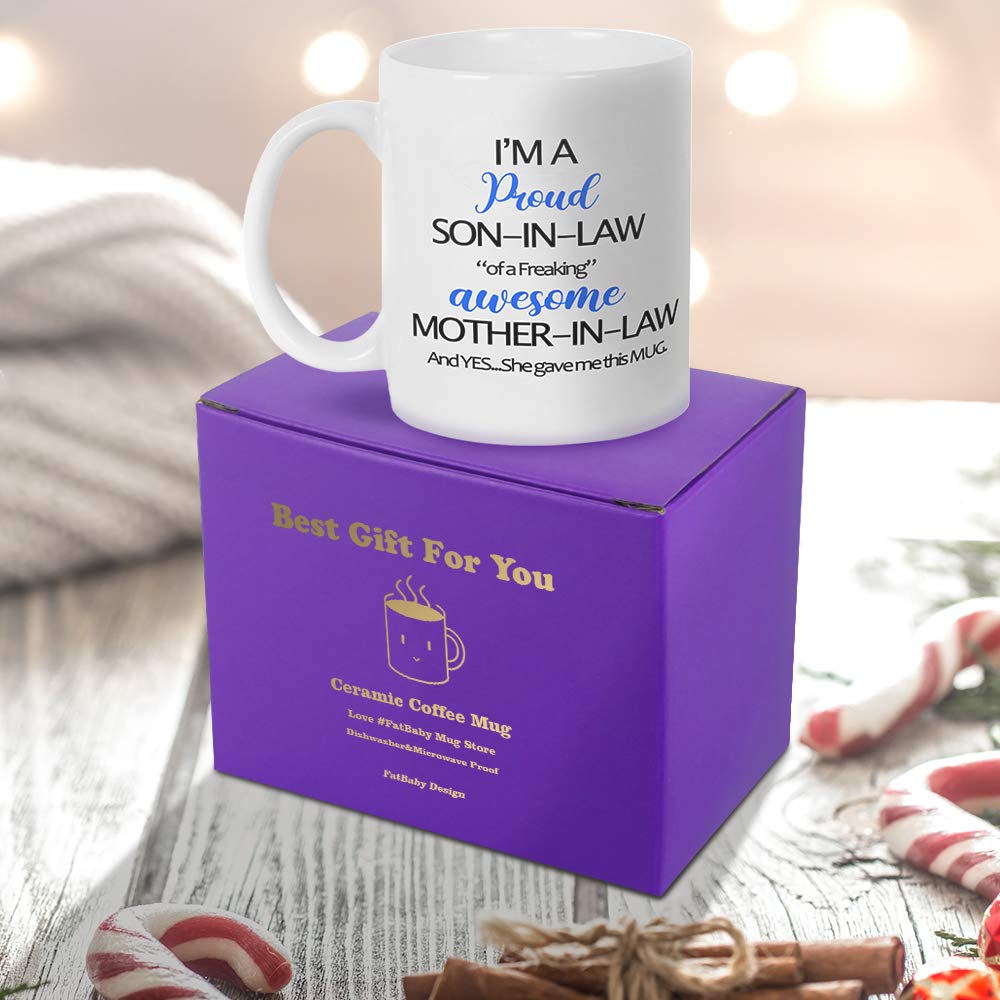 Fatbaby Funny Son In Law Coffee Mugs, Humorous Birthday Fathers Day Gift Teac Cup for Son-In-Law from Mother In Law 11oz