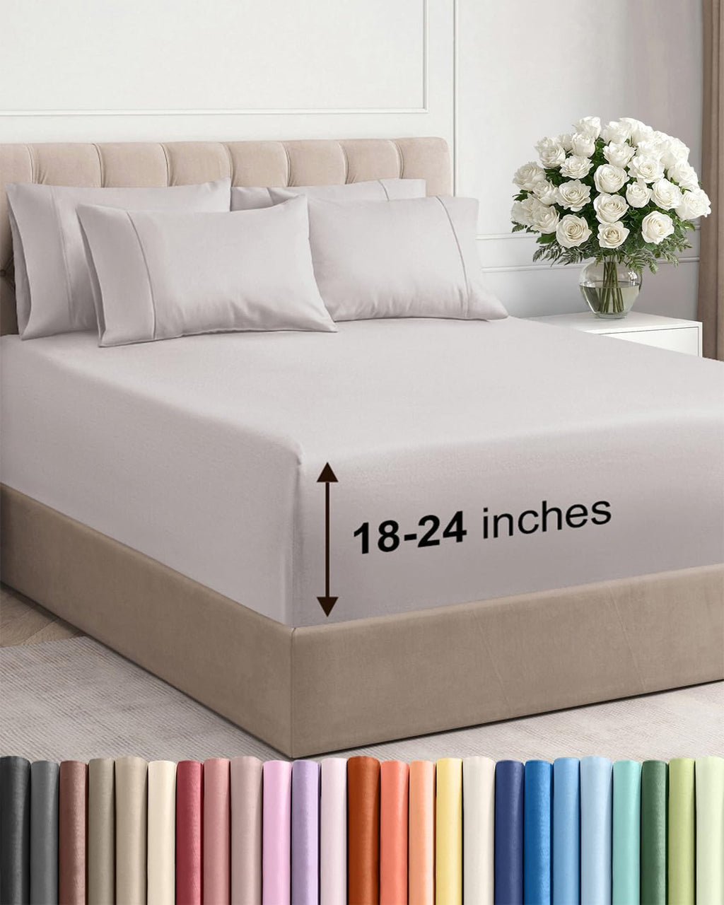 Skiennix Extra Deep Cal King Sheet Set - 6 Piece Breathable Cooling Bedding - Soft Wrinkle-Free Light Grey