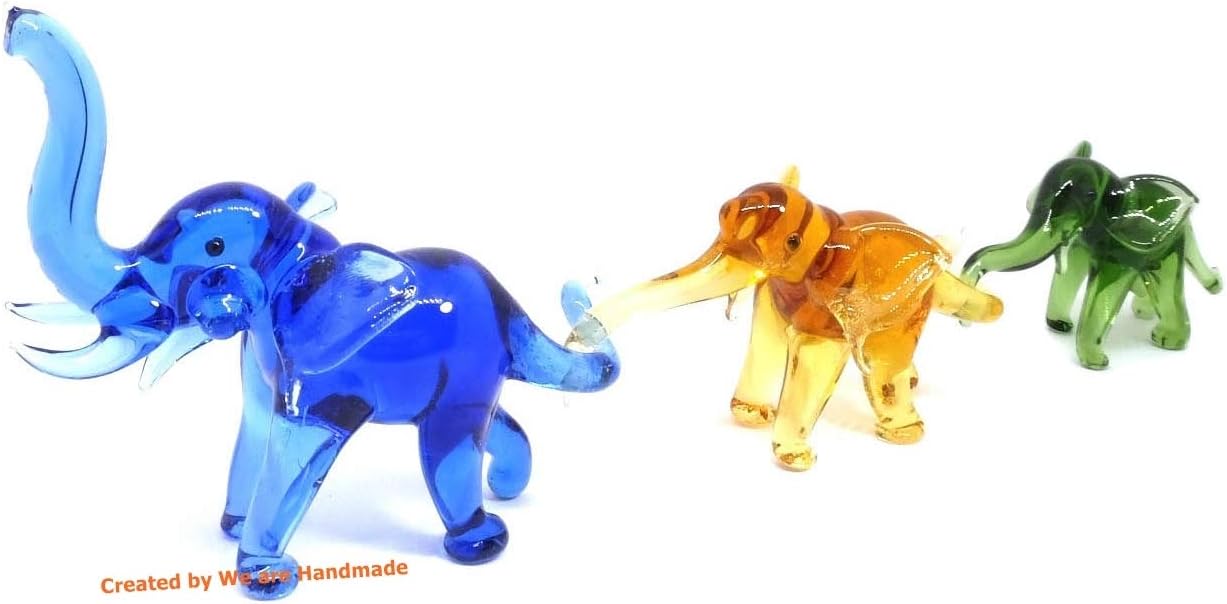 Skiennix Handmade Mini Elephant Family Figurines - Blown Glass Art, Multicolor Jungle Collectibles, 2" Size