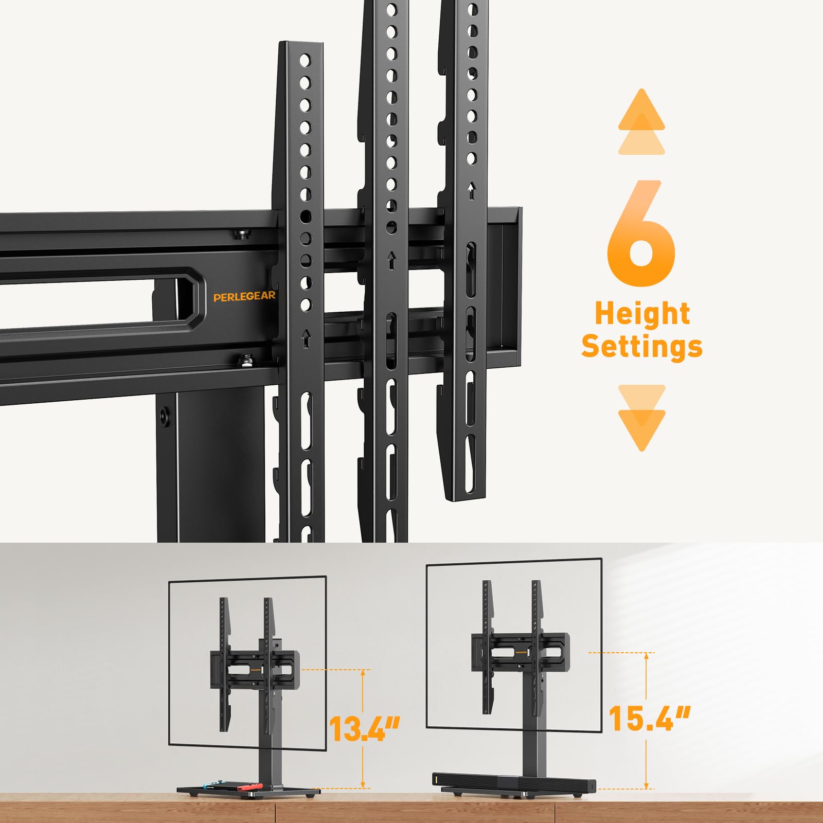 Perlegear Universal Swivel TV Stand with Power Outlet, Tabletop TV Stand for 34–65 Inch TVs up to 88 lbs, Tempered Glass TV Mount Stand Base with Height Adjustment, Tilt, Max VESA 400x400mm,PGTVS27