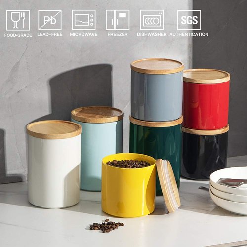 Sweejar Kitchen Canisters Ceramic Food Storage Jar Set, Stackable Containers with Airtight Seal Wooden Lid for Serving Ground Coffee, Tea, Herbs, Grains, Sugar, Salt - Set of 4 (Navy)
