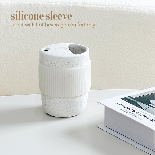 Handmade Ceramic Travel Coffee To Go Tumbler with Half Lid, 17oz Unique Tea Coffee Cup with Sip-top Lid, Speckle White