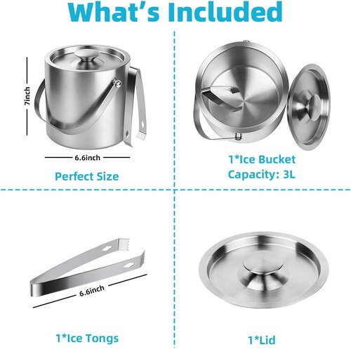 Chefbee 3L Double-Wall Stainless Steel Ice Bucket and 2PCS Metal Spatula Set