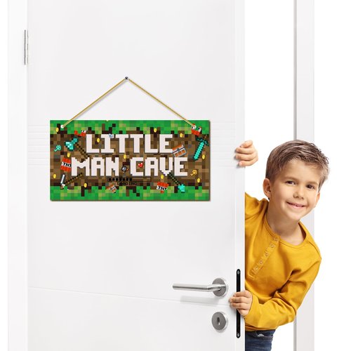 Little Man Cave, Boys Pixel Gaming Room Decor Wooden Door Sign for Gamer Room, Baby Boys Bedroom Wall Decorations for Nursery Toddler Nursery Playroom Wall Art