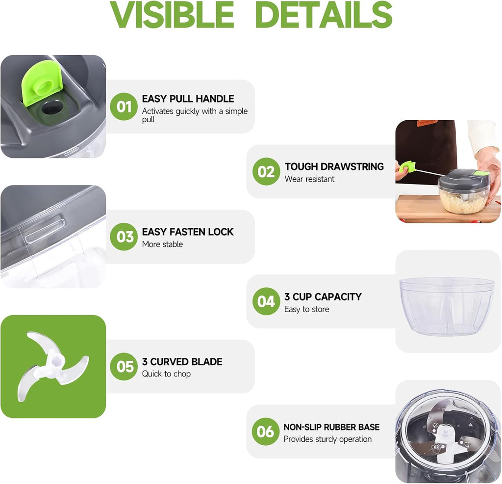 Skiennix Manual Food Processor - Portable Hand-Pull Vegetable Chopper | 500ml Gray-Green Mincer for Garlic, Onions & More