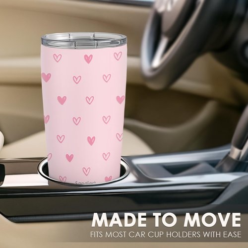 SANDJEST Heart Tumbler 20oz, Stainless Steel Travel Cup with Lid, Insulated Coffee Mug, Heart Gifts for Women Girls Friends Sisters on Birthday Christmas Valentine (Pink)