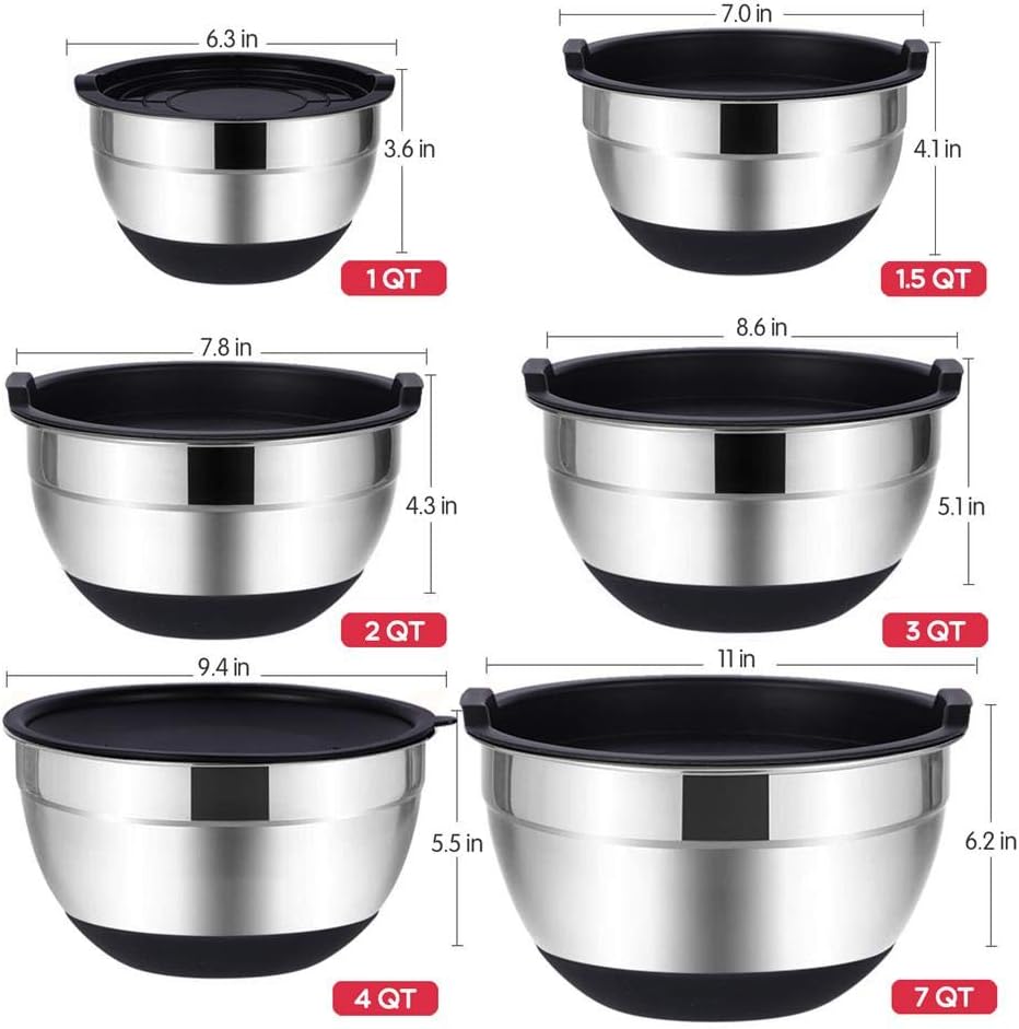 Rottay Mixing Bowls Set - 20PCS Stainless Steel Nesting Bowls with Airtight Lids & Grater Attachments | Non-Slip Bottoms