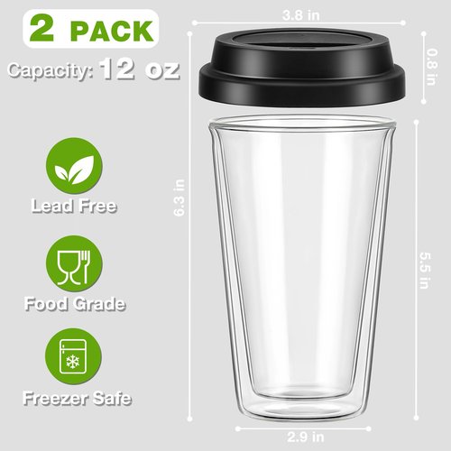 Qipecedm 2 Pack Double Walled Insulated Coffee Mugs with Silicone Lids, 12 OZ Reusable Coffee Cups, Cappuccino, Tea, Latte, Iced Coffee Cups, Travel Mugs, Heat Resistant