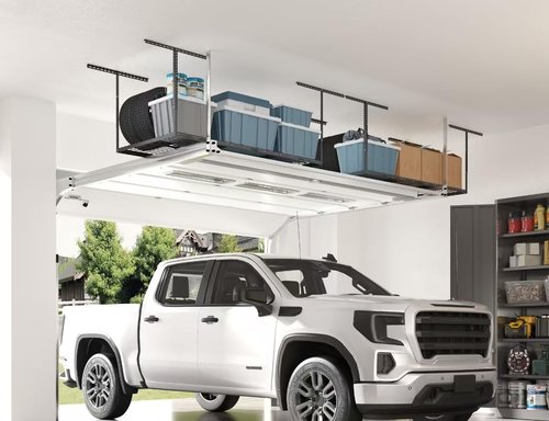 FLEXIMOUNTS 3x6 Overhead Garage Storage Rack - Adjustable Ceiling Design | 450lbs Capacity, Black