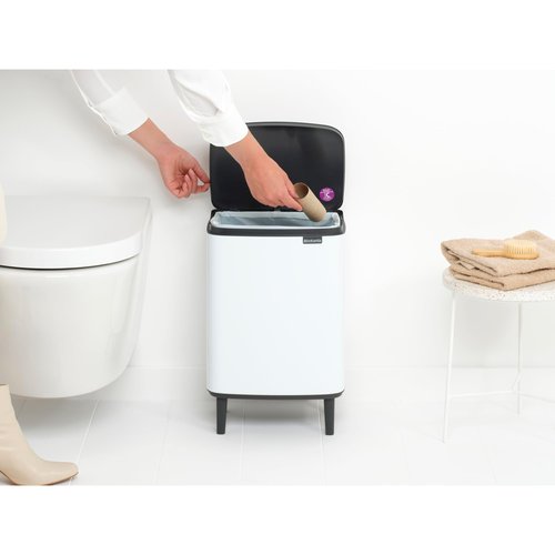 Brabantia Bo Small Lift-Open Trash Can with Raised Legs | 3.2 Gal / 12L | White | Free Standing Bedroom, Bathroom, Nursery Trash Can, Removable Inner Bucket, Non-Slip Feet | + Trash Bags