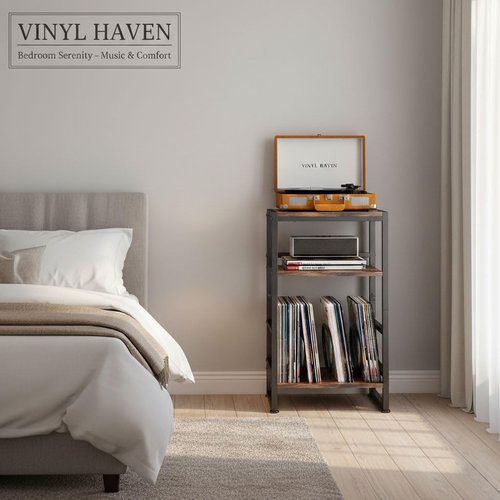 ZEXVIDA 3-Tier Vinyl Record Player Stand, End Table for Album Storage, 28" H Record Player Stand with Storage Up to 120 Albums, Side Table for Living Room Bedroom (Rustic Brown)