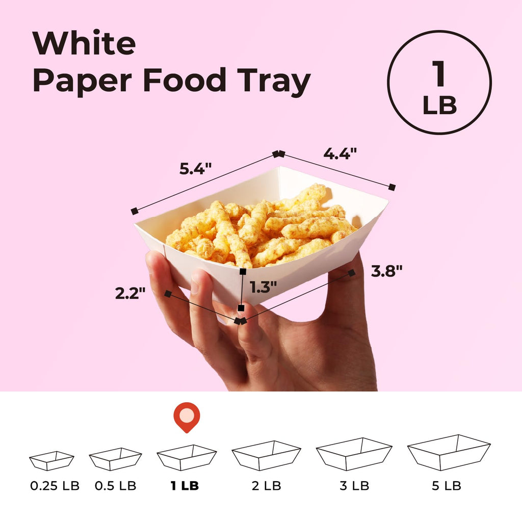 Fit Meal Prep [125 Pack 1 lb Paper Food Trays Heavy Duty Disposable Food Boats, White Nacho Tray for Parties Fairs Picnics Carnivals, Holds Sause Candies Nut Grease Resistant