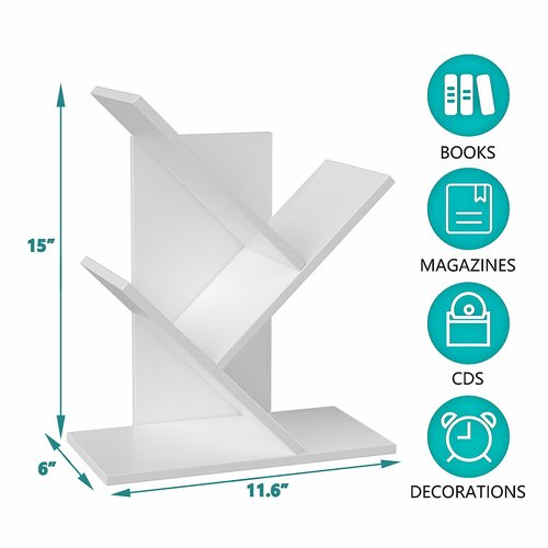 R RUISHENG 3 Tier Small Tree Bookshelf Storage Organizer Shelves Floor Standing Bookcase Desk Wood Storage Rack for Home Office Living Room Bedroom Display for Book Magazine CD manga Warm White