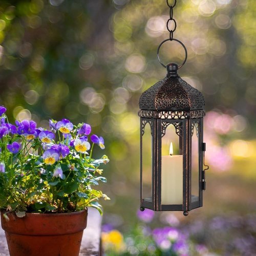DECORKEY Vintage Lantern - Medium Size Moroccan Hanging Lantern with Clear Glass for Indoor & Outdoor Decor