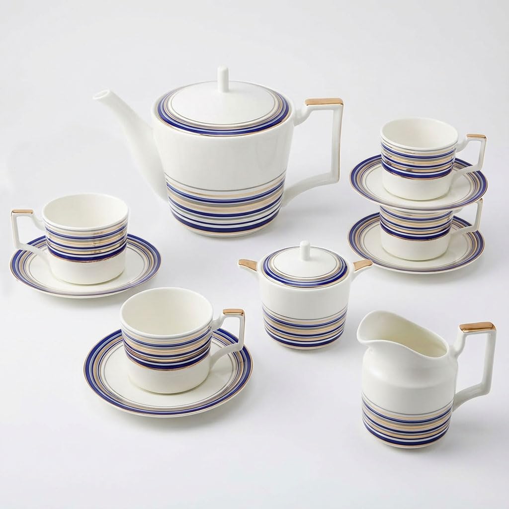 Vintage Tea Sets for Adults, Porcelain Complete Tea Sets - Golden&Blue Trim British Coffee Cups& Saucer Service for 4 with Teapot,Sugar Bowl,Creamer Pitcher for Gifts Kitchen&Party