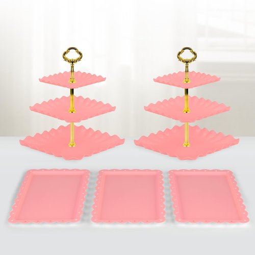 NWK 5 Piece Cake Stand Set with 2 x Large 3-Tier Cupcake Stands, 3 x Appetizer Trays, for Wedding Birthday Baby Shower Tea Party Decorations (Pink)