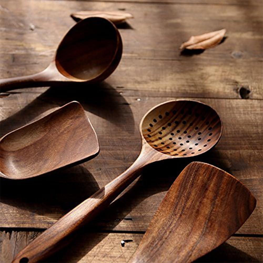 Skiennix Wooden Utensil Set - 4-Piece Luxury Natural Teak Cooking Spoons & Spatulas | Ideal Gift for Home Chefs