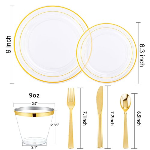 WELLIFE 600pc Gold Trim Plastic Dinnerware Set for Party: 100 Dinner Plates, 100 Dessert Plates, 300 Cutlery, 100 cups