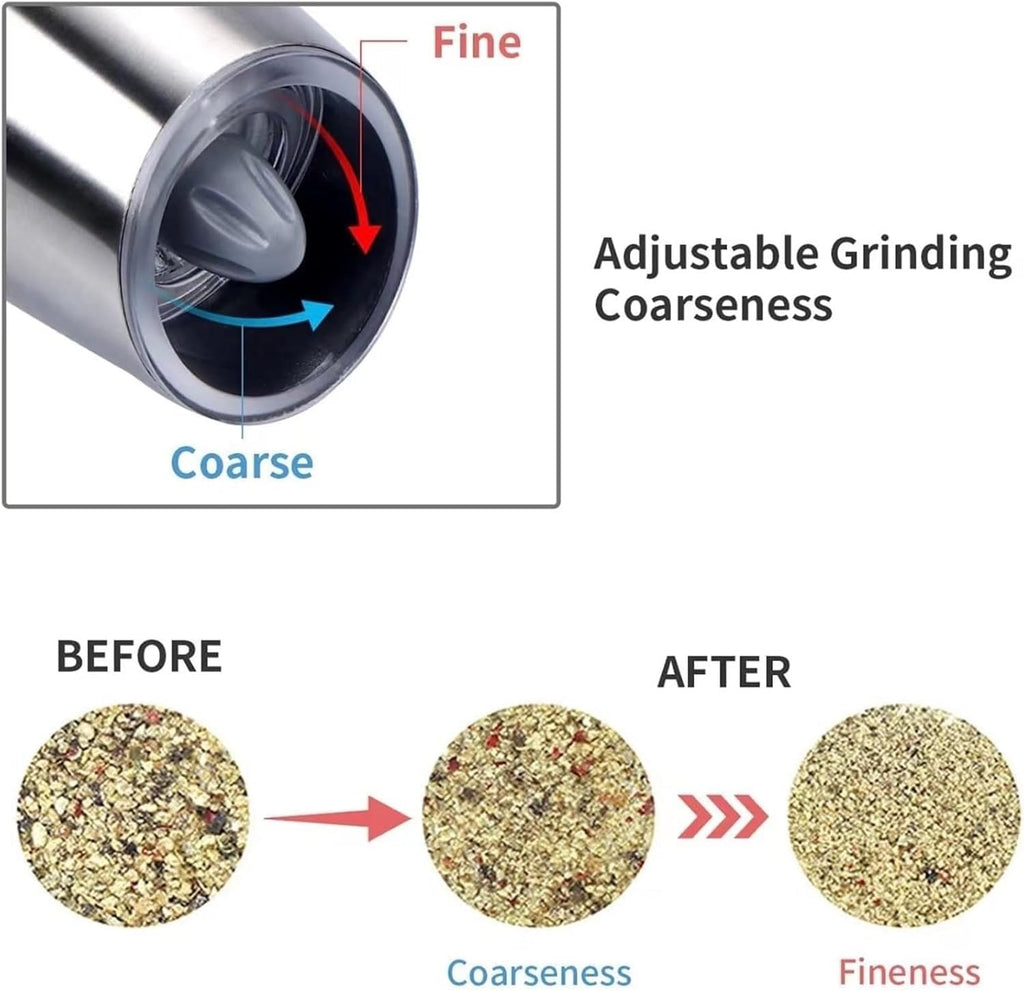 2 Pack Gravity Electric Pepper and Salt Grinder, Larger Capacity Stainless Steel Mill Grinder Battery Powered with LED Light, Adjustable Coarseness, One Hand Automatic Operation for Kitchen BBQ