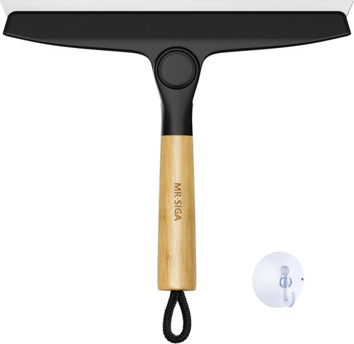 MR.SIGA Silicone Shower Squeegee - Streak-Free Cleaning with Pivoting Bamboo Handle | 10-Inch Wide, Black