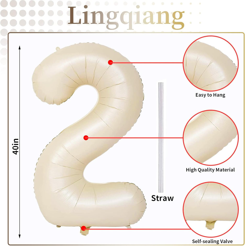 Skiennix 40-Inch Giant Helium Foil Number Balloons | Beige 2nd Birthday Decorations for All Ages