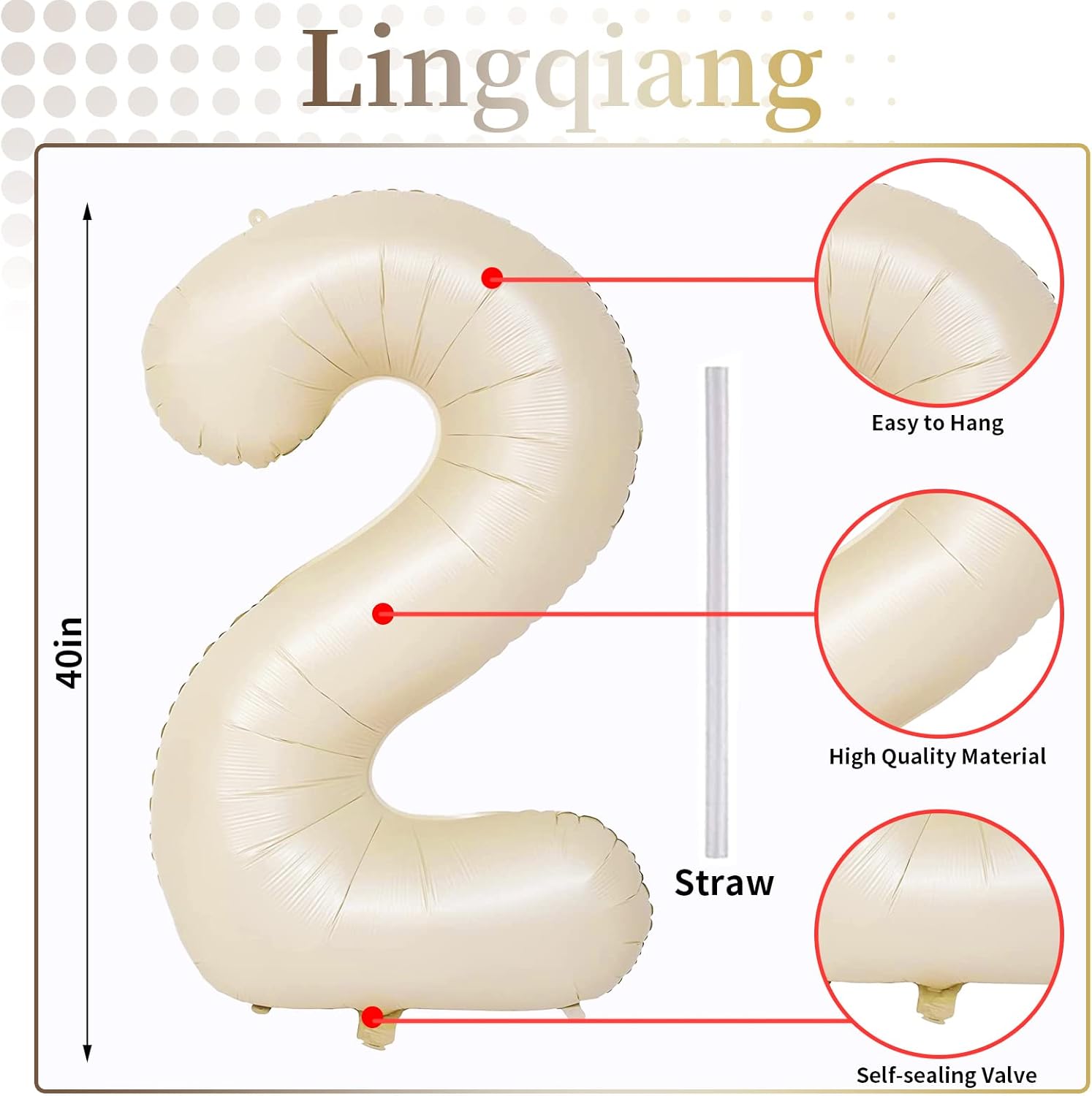 Skiennix 40-Inch Giant Helium Foil Number Balloons | Beige 2nd Birthday Decorations for All Ages